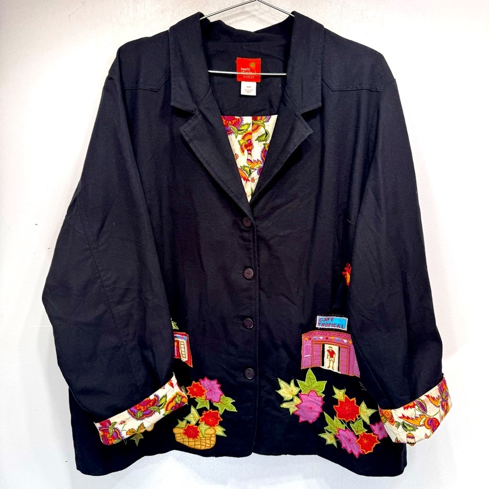 Embroidered Appliqué Blazer Jacket Tropical Floral Palm Trees Cotton Novelty 20W